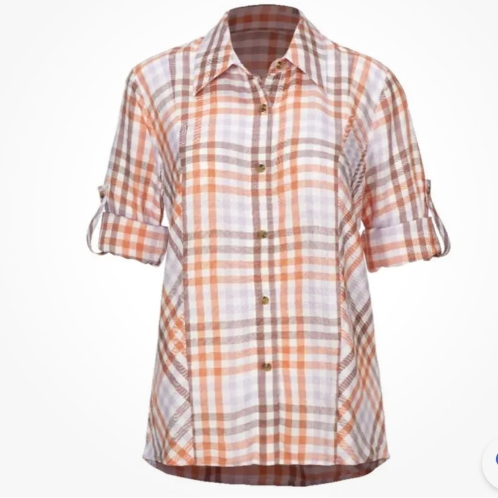 CAbi Legacy Orange Plaid Checks Button Down Top Roll Tab Sleeve M Style #4423